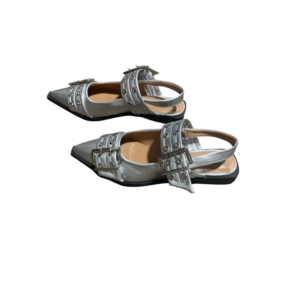 Forever Link Silver Metallic Grommet Buckle Slingback Pointed Toe Flats Size 10‎